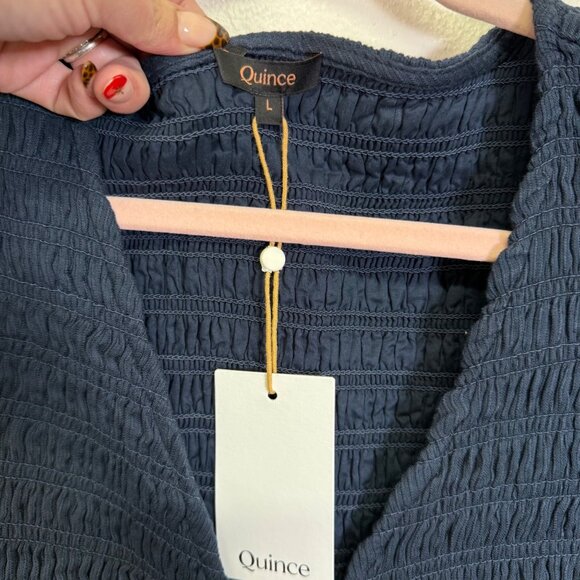 Quince Dress Organic Textured Cotton Smocked V-Neck Midi Blue Womens L - Picture 6 of 12